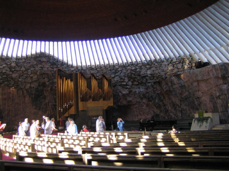 inside Temppeliaukio kirkko (rock church) which is build by making a hole inside the granite rock and then putting a rof over it consisting mainly of copper.