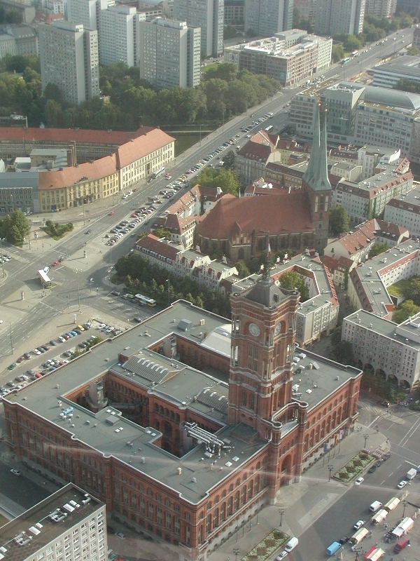 View over Berlin. Rotes Rathaus and Nikolaikirche.