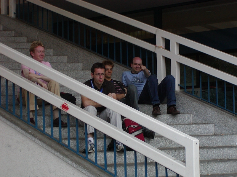 Crazy Bob, Burky, Fons and HBoZ on the stairs outside of the Fernsehturm.