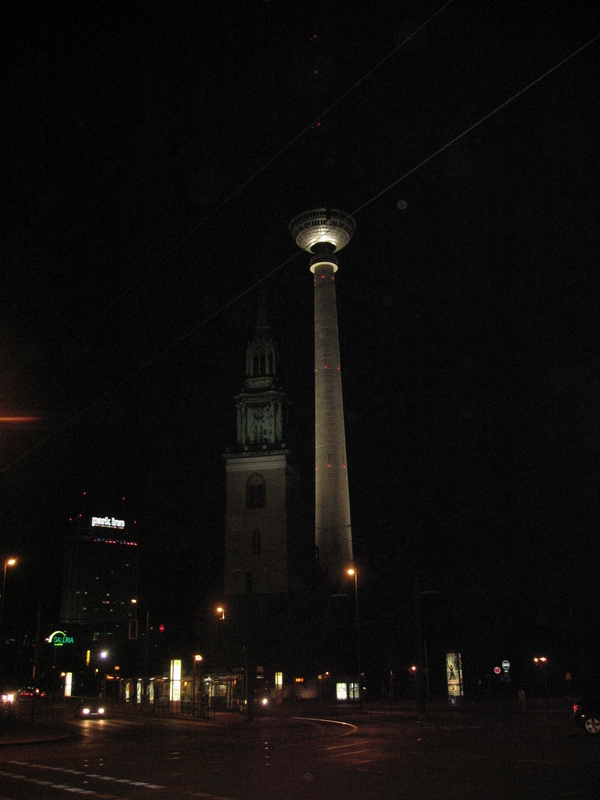 A view of the church and the TV tower at night