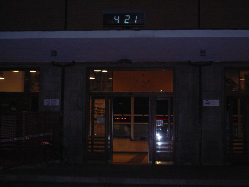 Ferrara train station entrance. Noticing the clock the train (from Vienna to Rome) was already in delay...