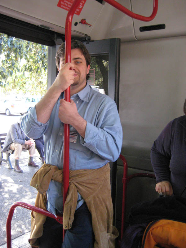 Giulcenc holding firmly to the bus ready to jump off and get Vatican notes for first